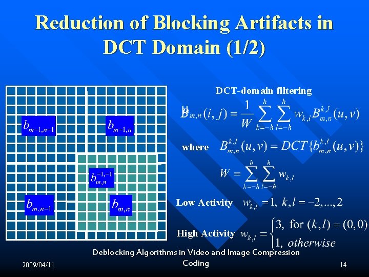 Reduction of Blocking Artifacts in DCT Domain (1/2) DCT-domain filtering where Low Activity High Reduction of Blocking Artifacts in DCT Domain (1/2) DCT-domain filtering where Low Activity High