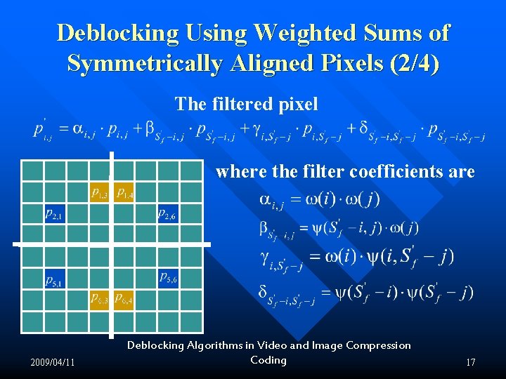 Deblocking Using Weighted Sums of Symmetrically Aligned Pixels (2/4) The filtered pixel where the Deblocking Using Weighted Sums of Symmetrically Aligned Pixels (2/4) The filtered pixel where the