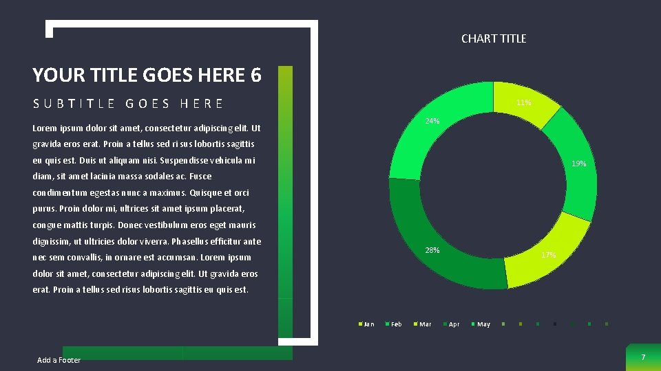 CHART TITLE YOUR TITLE GOES HERE 6 SUBTITLE GOES HERE 11% 24% Lorem ipsum CHART TITLE YOUR TITLE GOES HERE 6 SUBTITLE GOES HERE 11% 24% Lorem ipsum