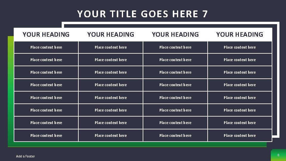 YOUR TITLE GOES HERE 7 YOUR HEADING Place content here Place content here Place YOUR TITLE GOES HERE 7 YOUR HEADING Place content here Place content here Place