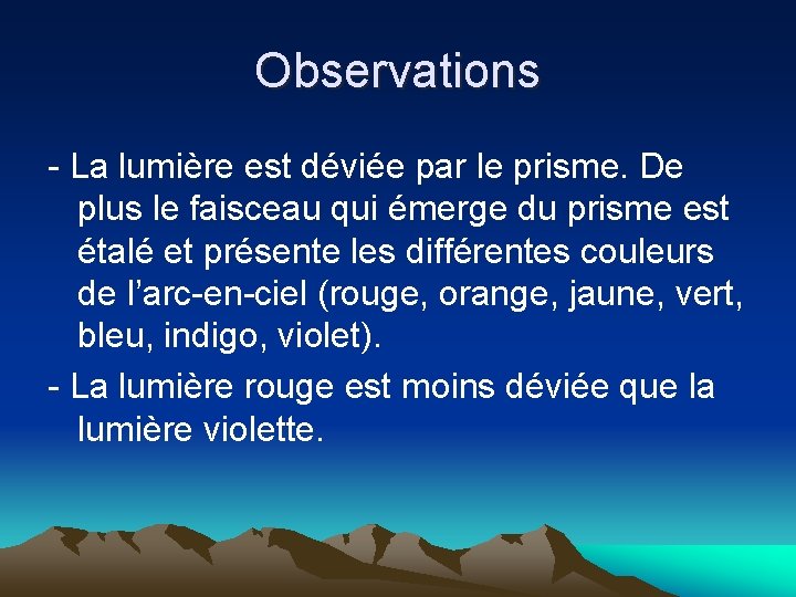 Observations - La lumière est déviée par le prisme. De plus le faisceau qui