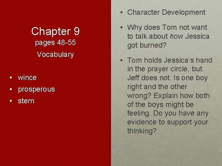  • Character Development Chapter 9 pages 48 -55 Vocabulary • wince • prosperous