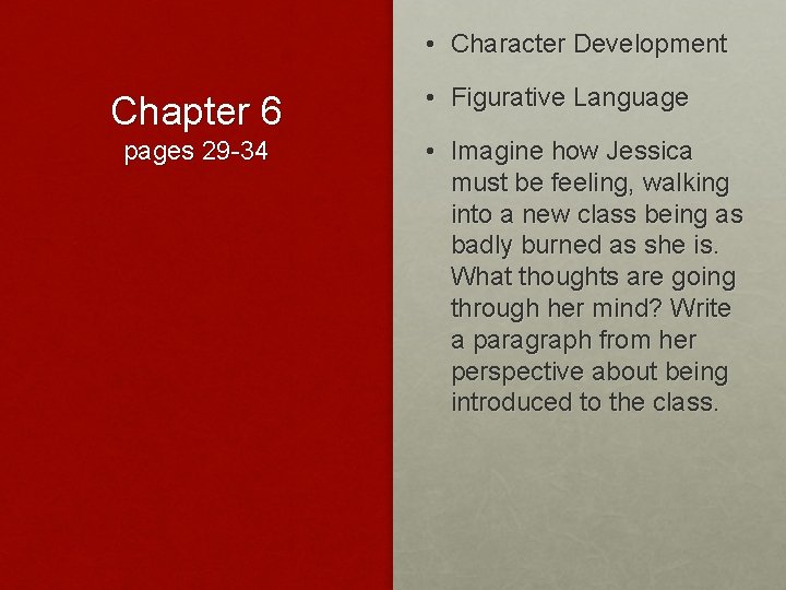  • Character Development Chapter 6 pages 29 -34 • Figurative Language • Imagine