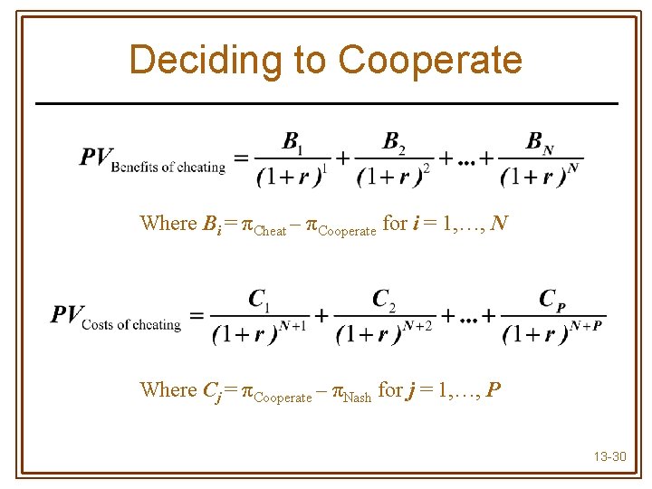 Deciding to Cooperate Where Bi = πCheat – πCooperate for i = 1, …,