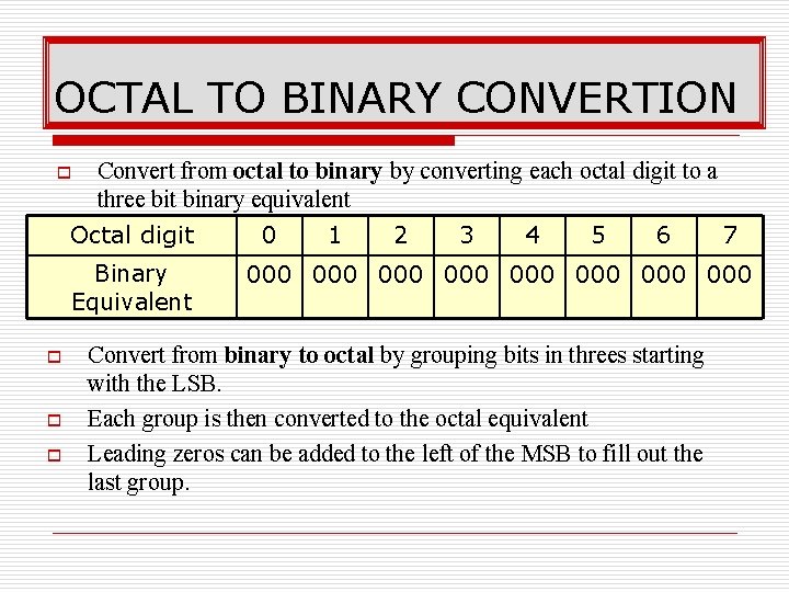 OCTAL TO BINARY CONVERTION o Convert from octal to binary by converting each octal