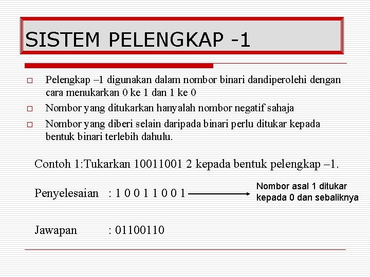 SISTEM PELENGKAP -1 o o o Pelengkap – 1 digunakan dalam nombor binari dandiperolehi