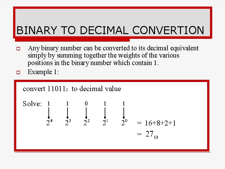 BINARY TO DECIMAL CONVERTION o o Any binary number can be converted to its