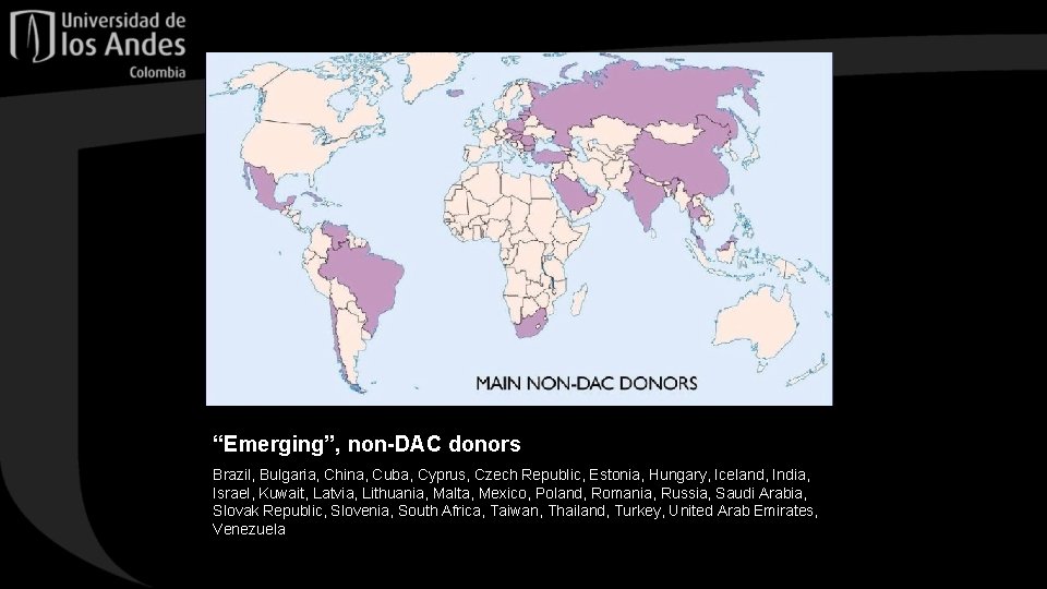 “Emerging”, non-DAC donors Brazil, Bulgaria, China, Cuba, Cyprus, Czech Republic, Estonia, Hungary, Iceland, India,