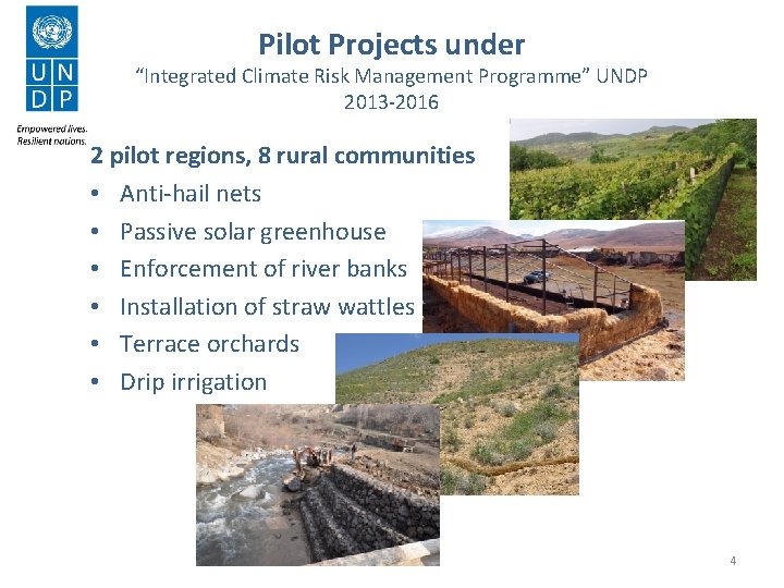 Pilot Projects under “Integrated Climate Risk Management Programme” UNDP 2013 -2016 2 pilot regions,