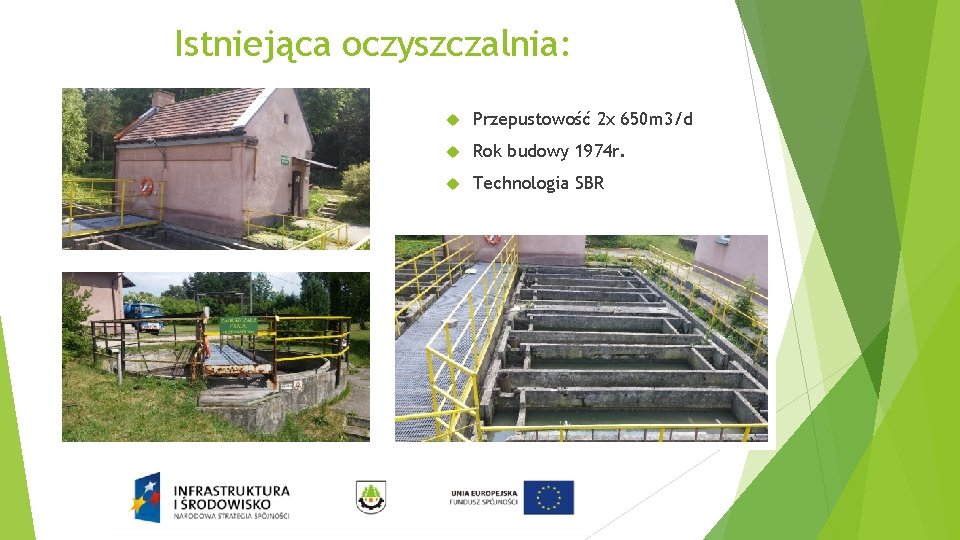 Istniejąca oczyszczalnia: Przepustowość 2 x 650 m 3/d Rok budowy 1974 r. Technologia SBR