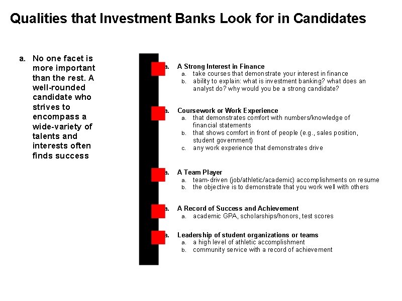 Qualities that Investment Banks Look for in Candidates a. No one facet is more