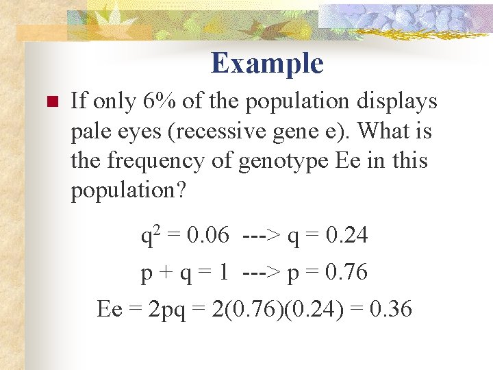 Example n If only 6% of the population displays pale eyes (recessive gene e).