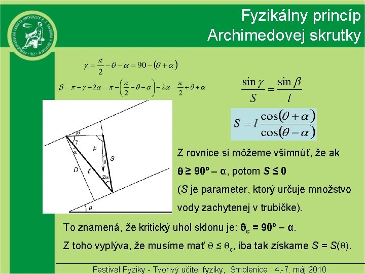 Fyzikálny princíp Archimedovej skrutky Z rovnice si môžeme všimnúť, že ak ≥ 90º α,