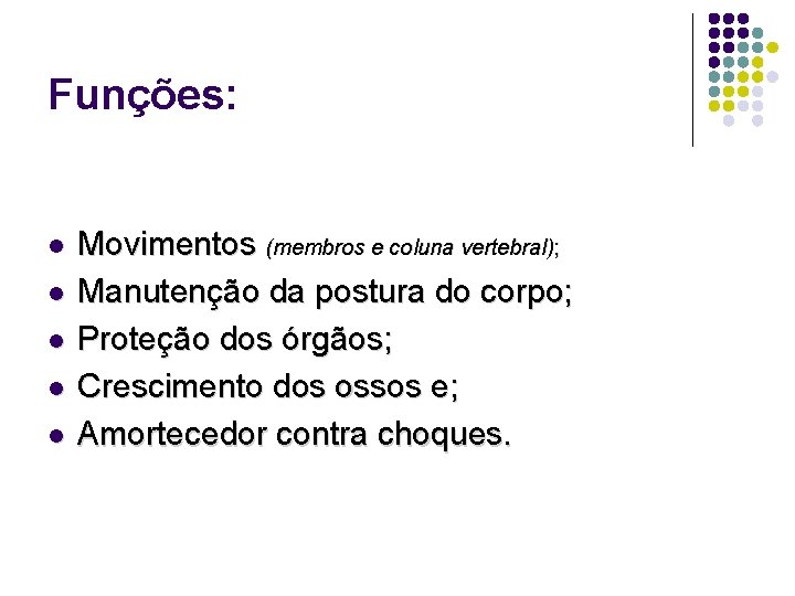Funções: l l l Movimentos (membros e coluna vertebral); Manutenção da postura do corpo;