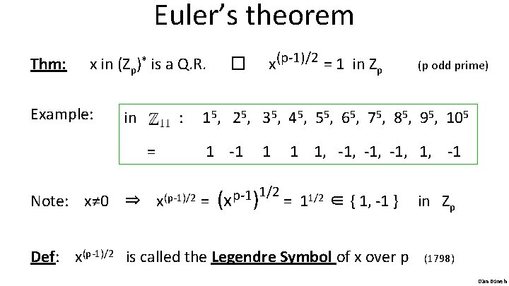 Euler’s theorem Thm: x in (Zp)* is a Q. R. Example: in : =