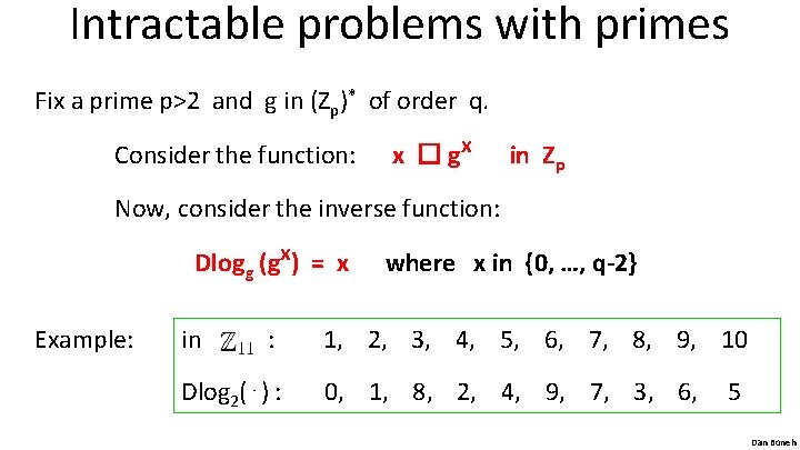 Intractable problems with primes Fix a prime p>2 and g in (Zp)* of order