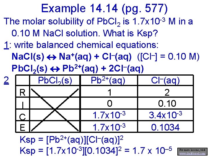 Example 14. 14 (pg. 577) The molar solubility of Pb. Cl 2 is 1.