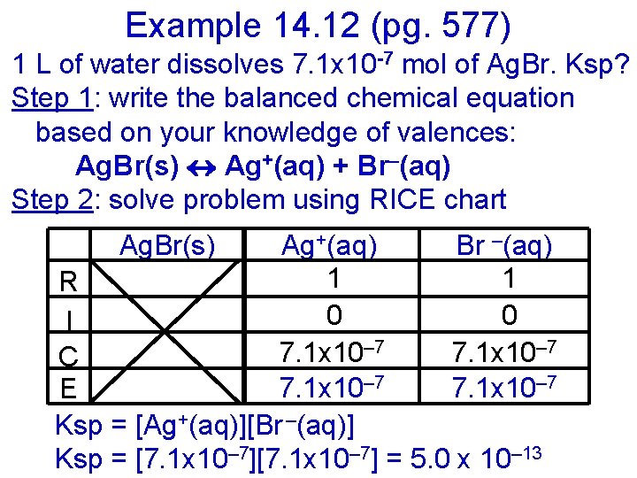 Example 14. 12 (pg. 577) 1 L of water dissolves 7. 1 x 10