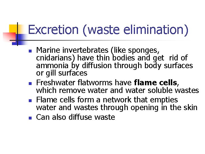 Excretion (waste elimination) n n Marine invertebrates (like sponges, cnidarians) have thin bodies and
