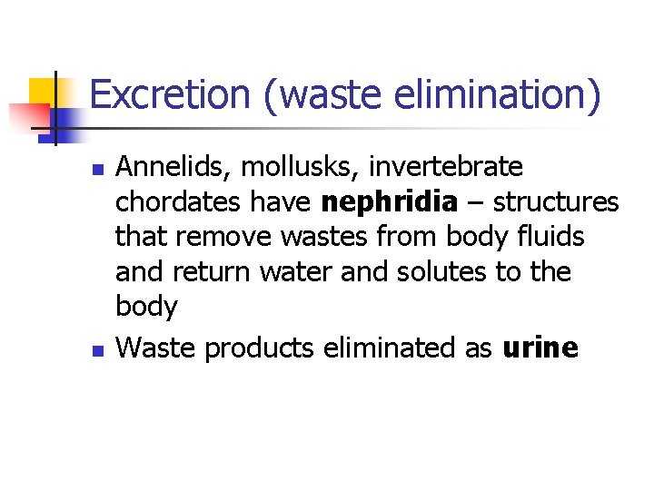 Excretion (waste elimination) n n Annelids, mollusks, invertebrate chordates have nephridia – structures that