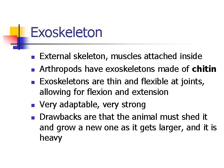 Exoskeleton n n External skeleton, muscles attached inside Arthropods have exoskeletons made of chitin