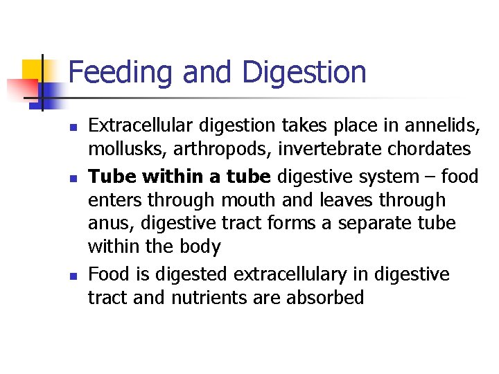 Feeding and Digestion n Extracellular digestion takes place in annelids, mollusks, arthropods, invertebrate chordates