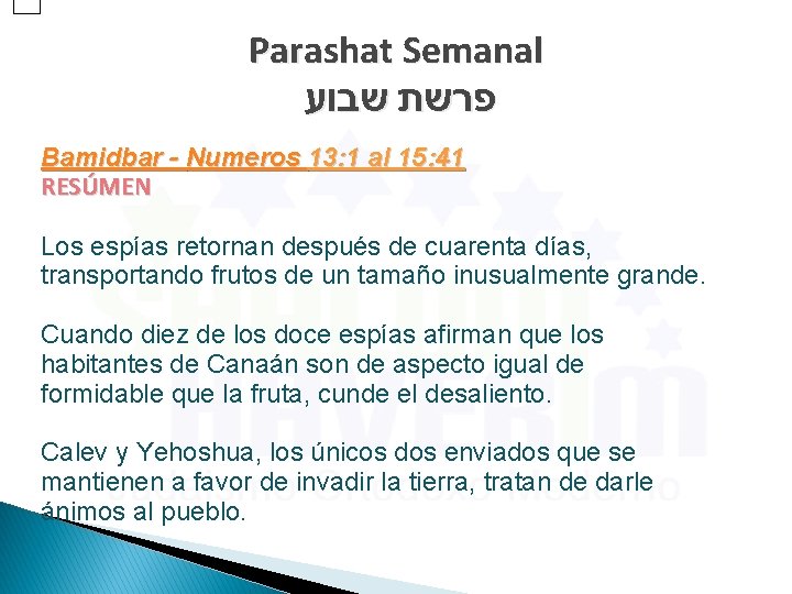 Parashat Semanal פרשת שבוע Bamidbar - Numeros 13: 1 al 15: 41 RESÚMEN Los