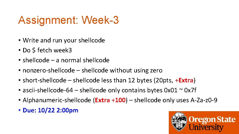 Assignment: Week-3 • Write and run your shellcode • Do $ fetch week 3