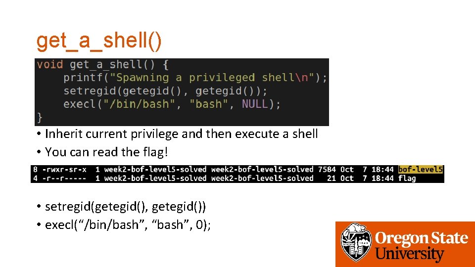 get_a_shell() • Inherit current privilege and then execute a shell • You can read