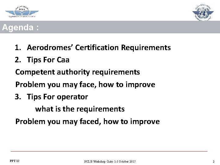 Agenda : 1. Aerodromes’ Certification Requirements 2. Tips For Caa Competent authority requirements Problem