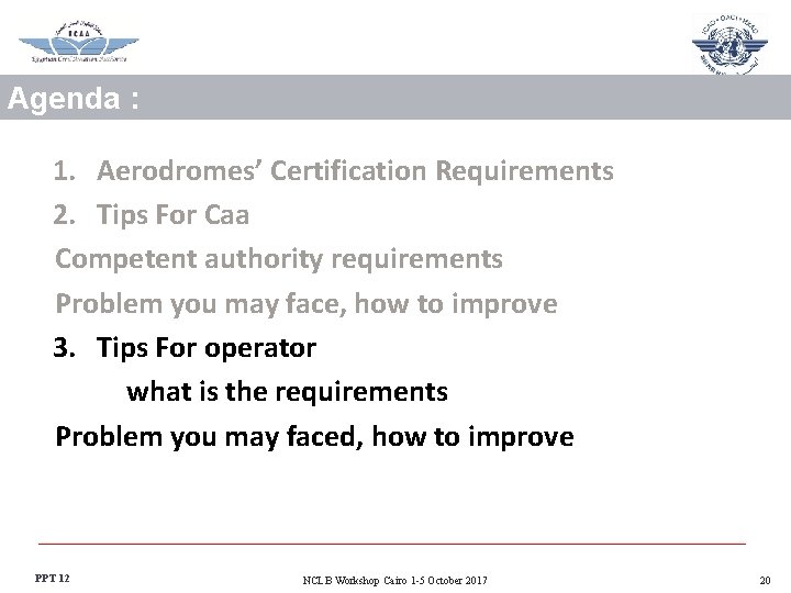 Agenda : 1. Aerodromes’ Certification Requirements 2. Tips For Caa Competent authority requirements Problem