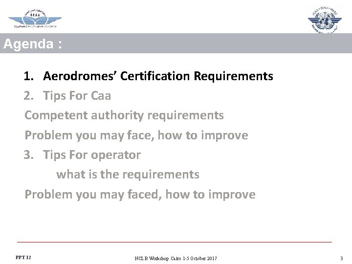 Agenda : 1. Aerodromes’ Certification Requirements 2. Tips For Caa Competent authority requirements Problem