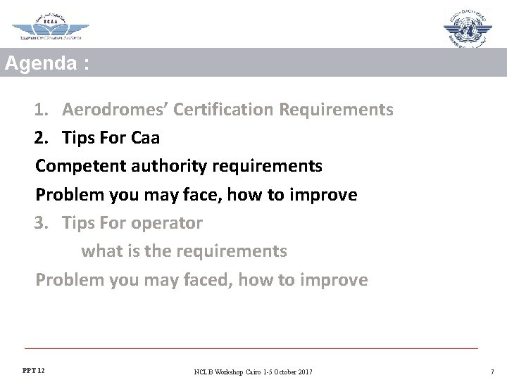 Agenda : 1. Aerodromes’ Certification Requirements 2. Tips For Caa Competent authority requirements Problem