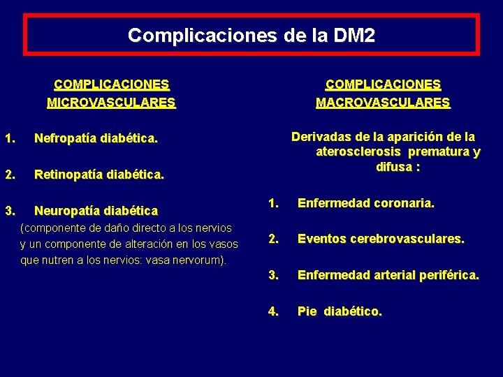 Complicaciones de la DM 2 COMPLICACIONES MICROVASCULARES 1. Nefropatía diabética. 2. Retinopatía diabética. 3. Complicaciones de la DM 2 COMPLICACIONES MICROVASCULARES 1. Nefropatía diabética. 2. Retinopatía diabética. 3.