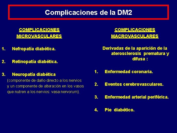 Complicaciones de la DM 2 COMPLICACIONES MICROVASCULARES 1. Nefropatía diabética. 2. Retinopatía diabética. 3.