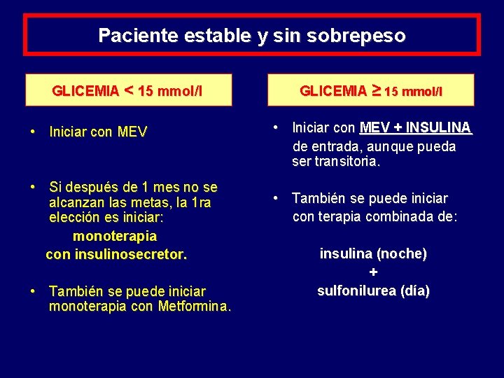 Paciente estable y sin sobrepeso GLICEMIA < 15 mmol/l • Iniciar con MEV •