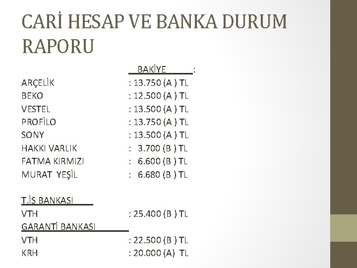 CARİ HESAP VE BANKA DURUM RAPORU ARÇELİK BEKO VESTEL PROFİLO SONY HAKKI VARLIK FATMA