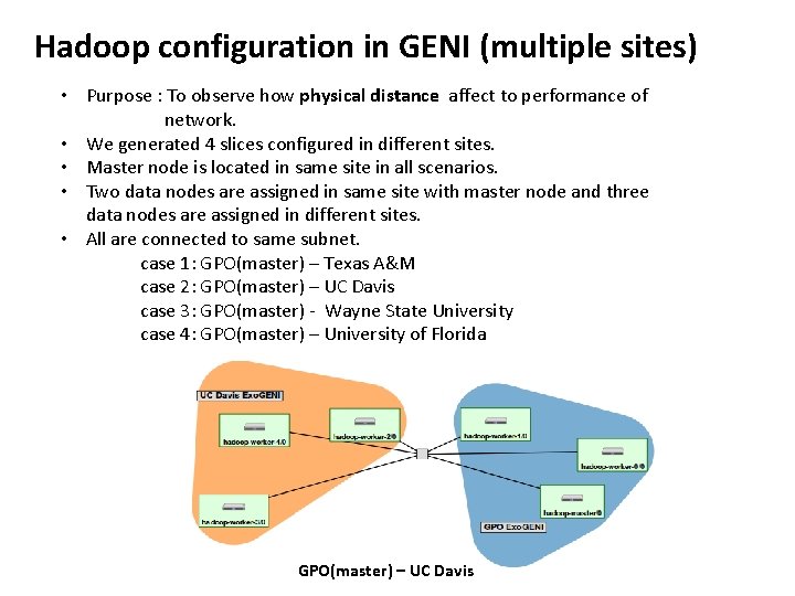 Hadoop configuration in GENI (multiple sites) • Purpose : To observe how physical distance Hadoop configuration in GENI (multiple sites) • Purpose : To observe how physical distance