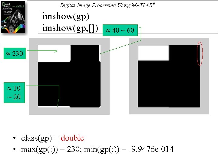 Digital Image Processing Using MATLAB® imshow(gp) imshow(gp, []) 40 ~ 60 230 10 ~