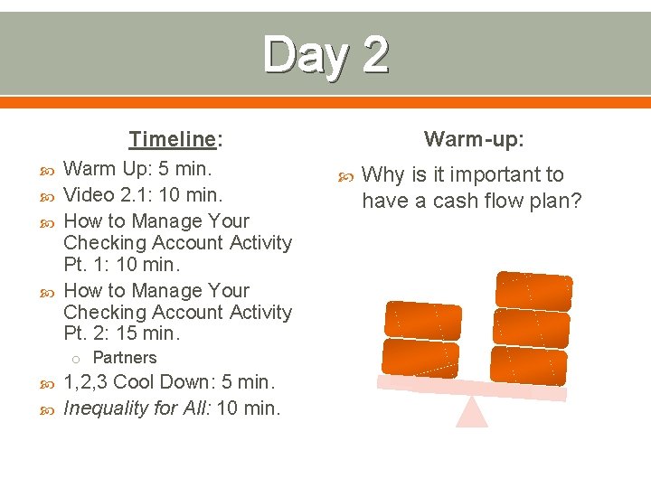 Day 2 Timeline: Warm Up: 5 min. Video 2. 1: 10 min. How to