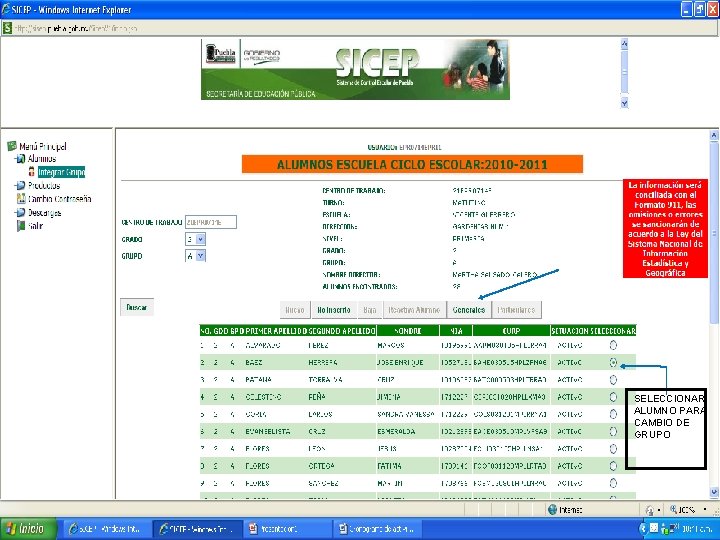 SISTEMA DE CONTROL ESCOLAR DEL ESTADO DE PUEBLA SELECCIONAR ALUMNO PARA CAMBIO DE GRUPO