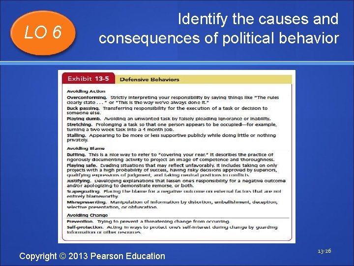 LO 6 Identify the causes and consequences of political behavior Copyright © 2013 Pearson