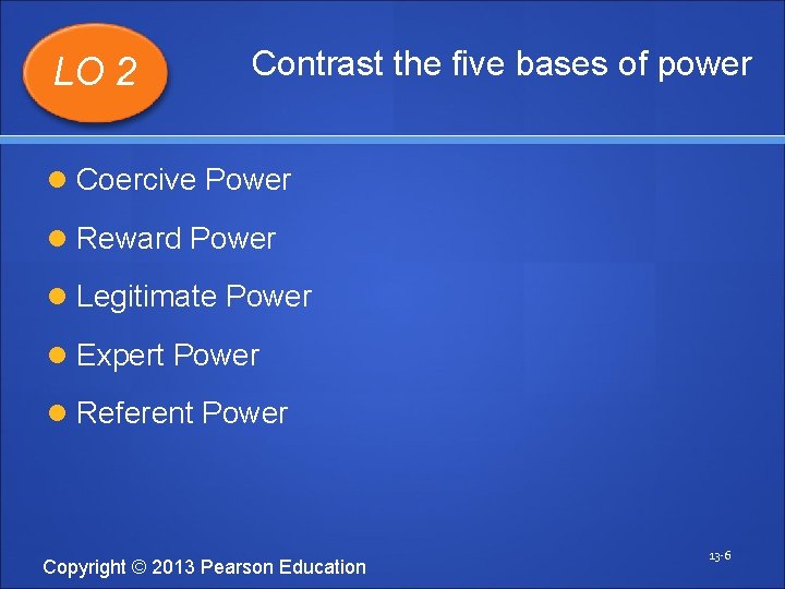 LO 2 Contrast the five bases of power Coercive Power Reward Power Legitimate Power
