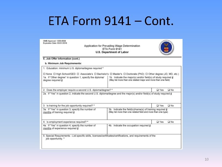 ETA Form 9141 – Cont. 10 