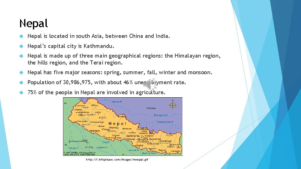 Nepal is located in south Asia, between China and India. Nepal’s capital city is