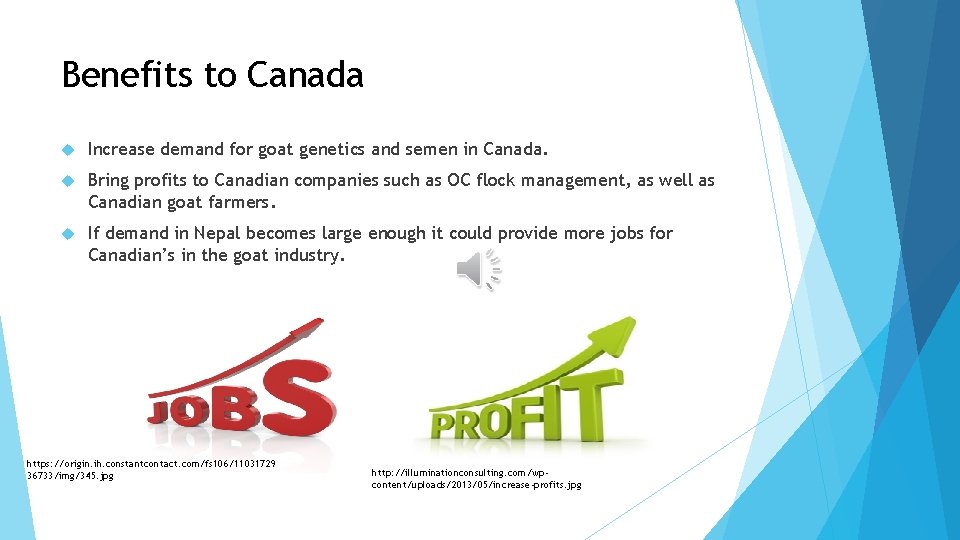 Benefits to Canada Increase demand for goat genetics and semen in Canada. Bring profits