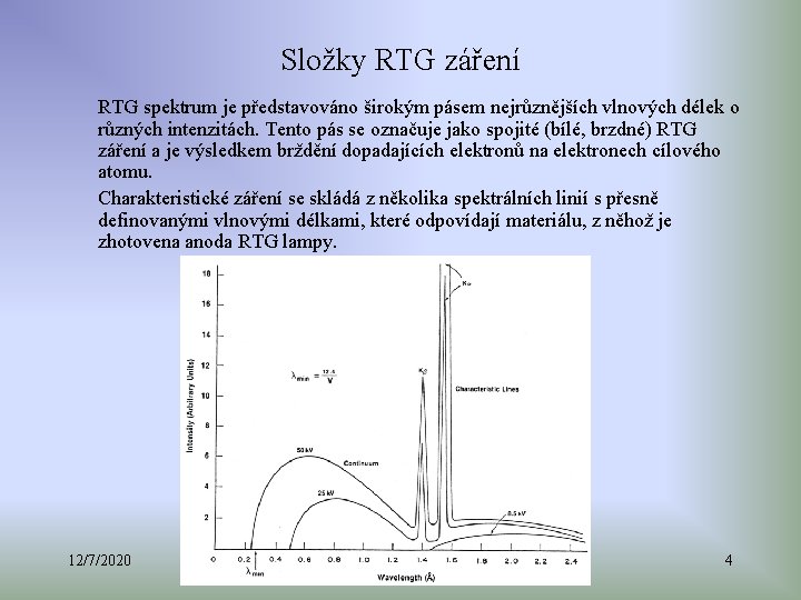 Složky RTG záření RTG spektrum je představováno širokým pásem nejrůznějších vlnových délek o různých