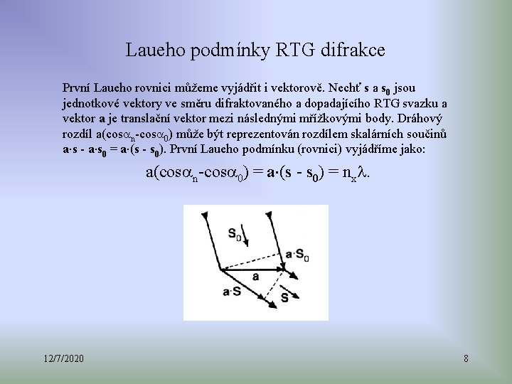 Laueho podmínky RTG difrakce První Laueho rovnici můžeme vyjádřit i vektorově. Nechť s a