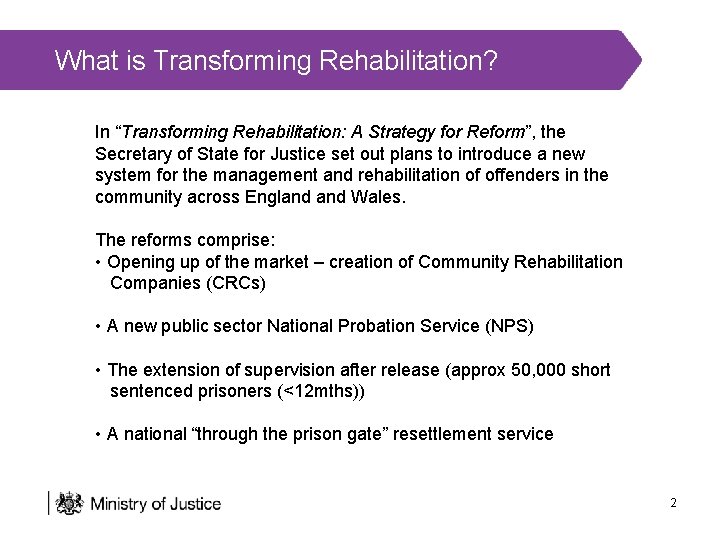 What is Transforming Rehabilitation? In “Transforming Rehabilitation: A Strategy for Reform”, the Secretary of