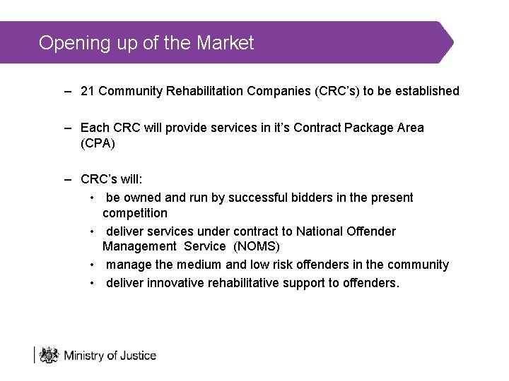 Opening up of the Market – 21 Community Rehabilitation Companies (CRC’s) to be established